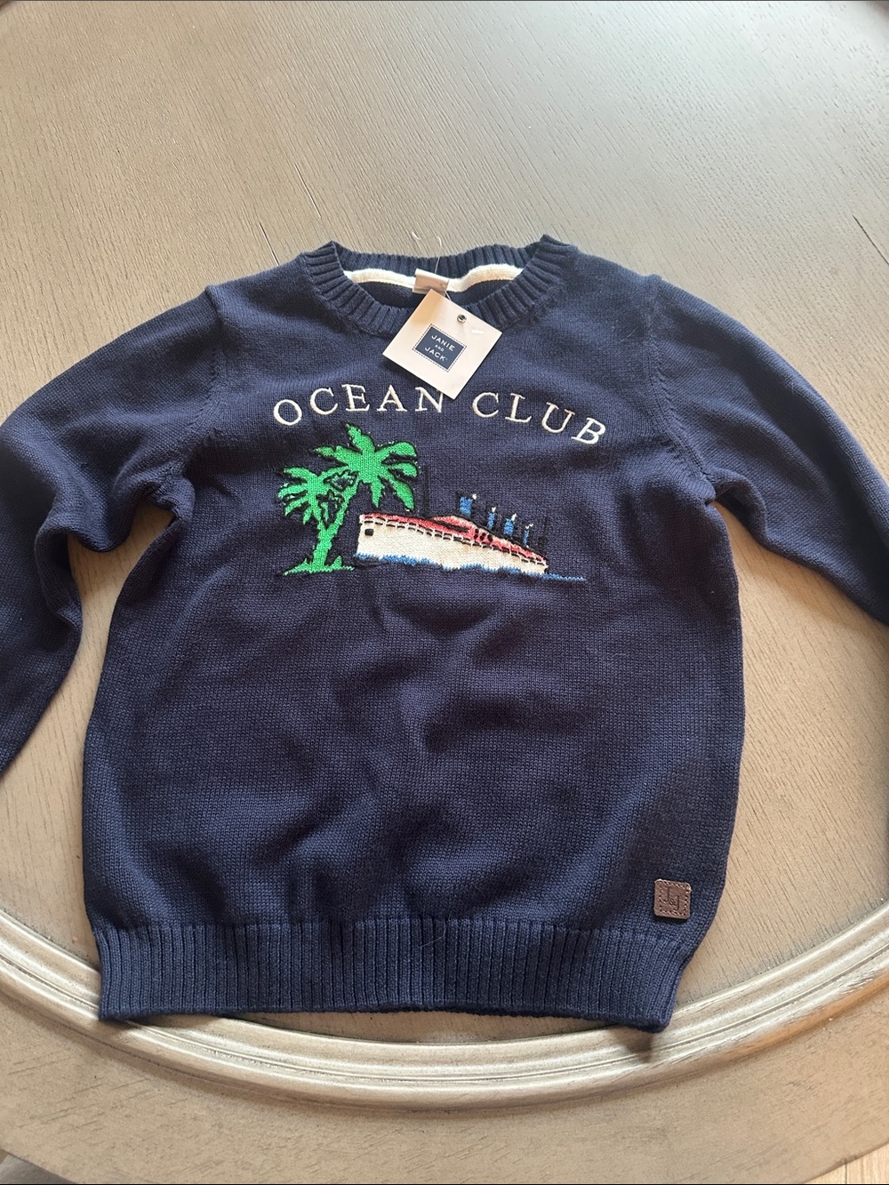 Janie and Jack Navy Sweater with Green Palm & Multicolor Ship Embroidery